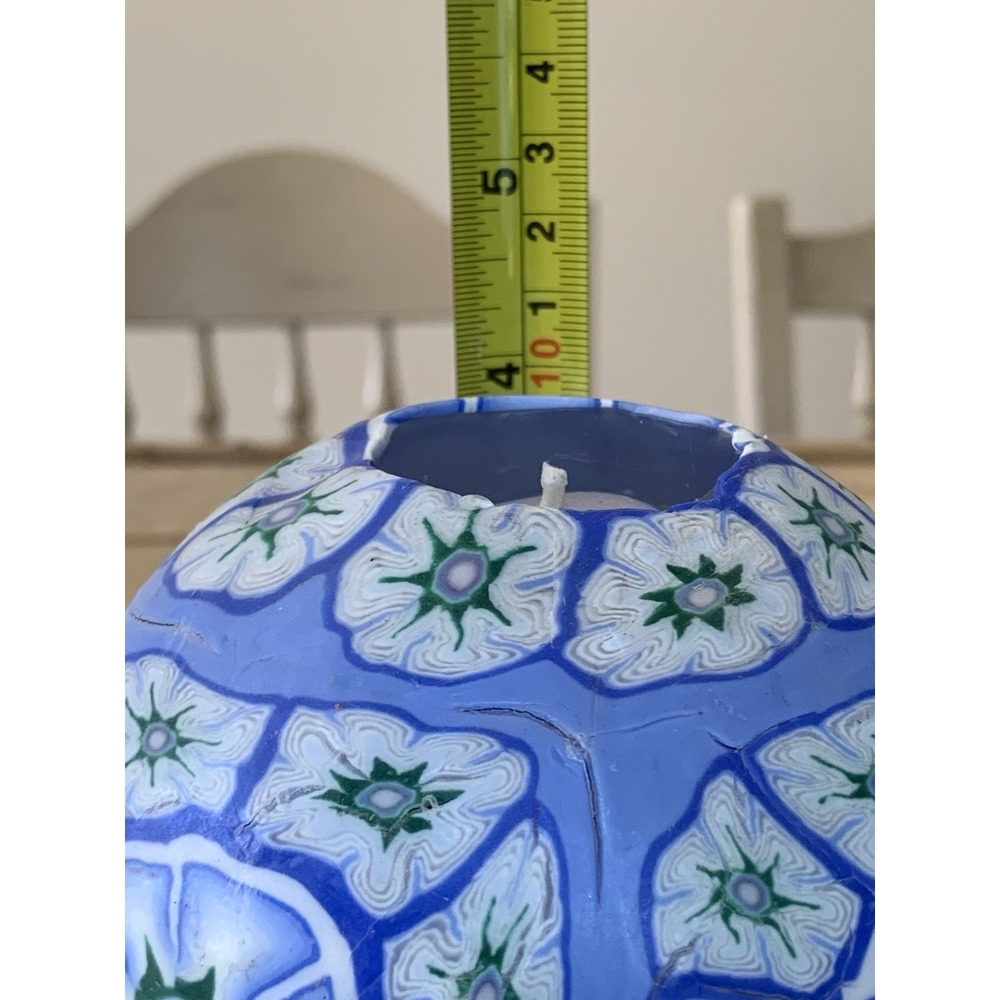 Millefiori Blue Floral Decorative Wax Ball Candle Single Wick Glow Vintage New - Picture 10 of 11